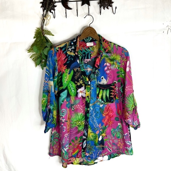 Lulasoul Tropical Parrot Chameleon Rainbow Color Button Down Shirt - Picture 1 of 4